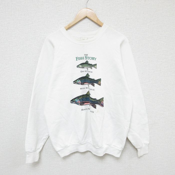 L★古着 フルーツオブザルーム 長袖 スウェット メンズ 90年代 90s 魚 ラグラン クルーネック USA製 白 ホワイト 24nov05 中古 スエット トレーナー トップス