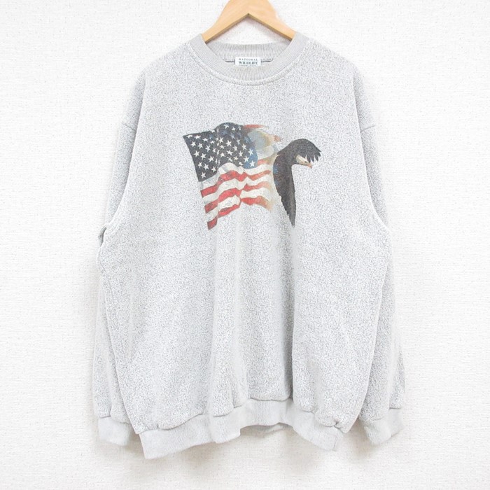 【50%OFF】XL★古着 長袖 スウェット メンズ 90年代 90s 星条旗 鳥 大きいサイズ クルーネック USA製 グレー 霜降り 24nov06 中古 スエット トレーナー トップス