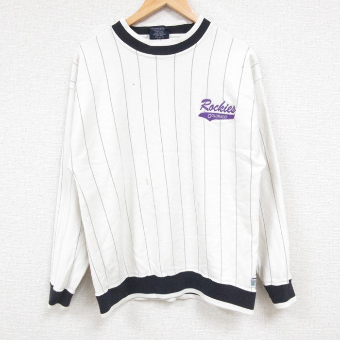 M★古着 スイングスター 長袖 スウェット メンズ 90年代 90s MLB コロラドロッキーズ クルーネック 白 ホワイト ストライプ メジャーリーグ ベースボール 野球 24nov06 中古 スエット トレーナー トップス