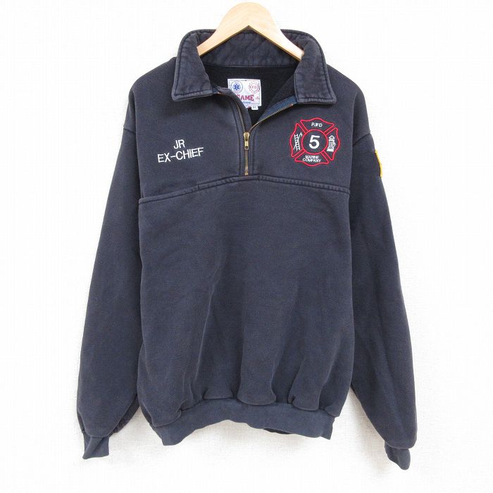 XL★古着 長袖 ハーフジップ スウェット メンズ 90年代 90s 消防署 刺繍 胸ポケット付き 大きいサイズ USA製 紺 ネイビー 24nov06 中古 スエット トレーナー トップス