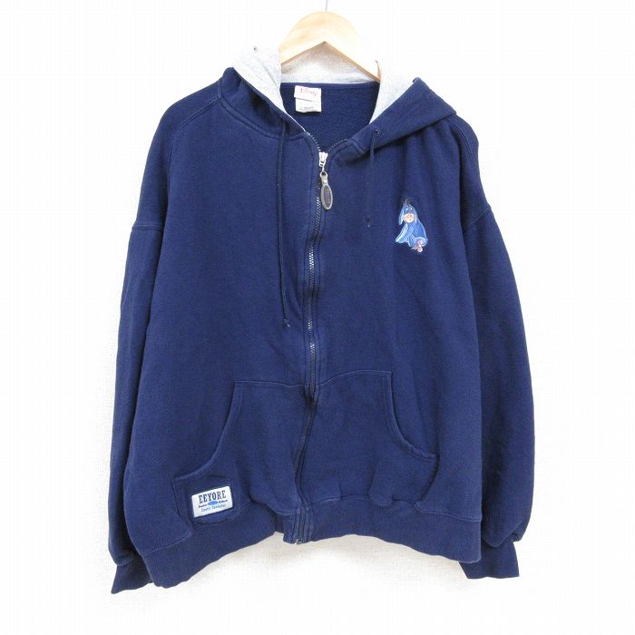 【20%OFF】XL★古着 長袖 フルジップ スウェット パーカー メンズ 00年代 00s ディズニー DISNEY くまのプーさん イーヨー 大きいサイズ 紺 ネイビー 24nov06 中古 スエット トレーナー トップス