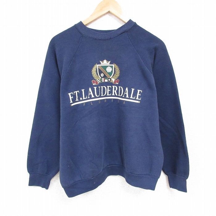 【50%OFF】L★古着 フルーツオブザルーム 長袖 スウェット メンズ 90年代 90s フォートローダーデール クルーネック USA製 紺 ネイビー 24nov06 中古 スエット トレーナー トップス