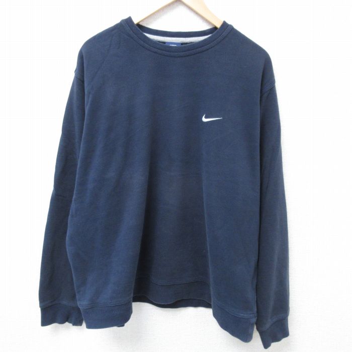 XL★古着 ナイキ NIKE 長袖 スウェット メンズ ワンポイントロゴ 大きいサイズ クルーネック 紺 ネイビー 24nov08 中古 スエット トレーナー トップス