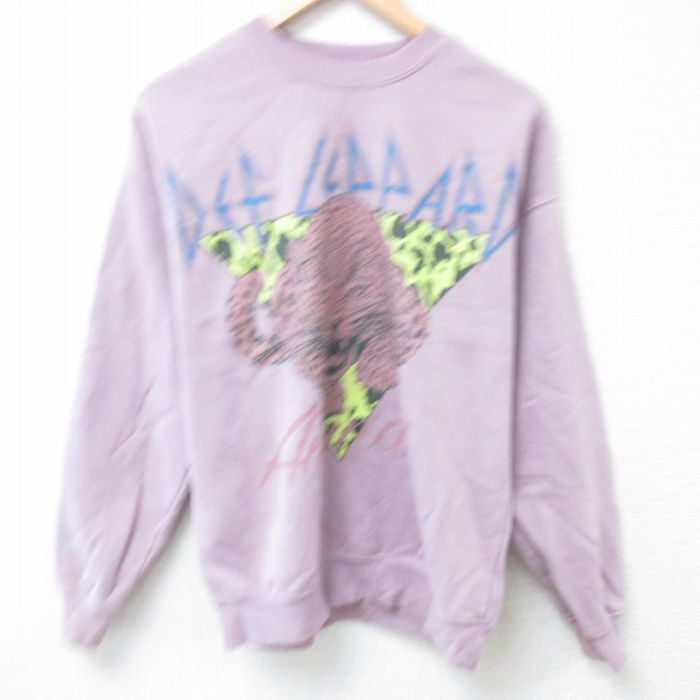 M★古着 長袖 ロック バンド スウェット メンズ デフレパード クルーネック 薄紫 パープル 24nov08 中古 スエット トレーナー トップス
