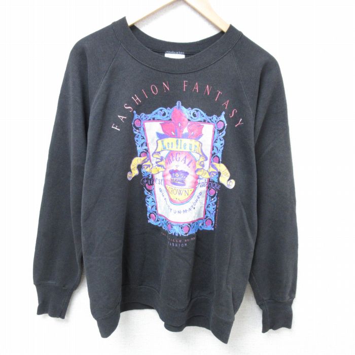 M★古着 長袖 スウェット メンズ 90年代 90s クラウン ラグラン クルーネック 黒 ブラック 24nov08 中古 スエット トレーナー トップス