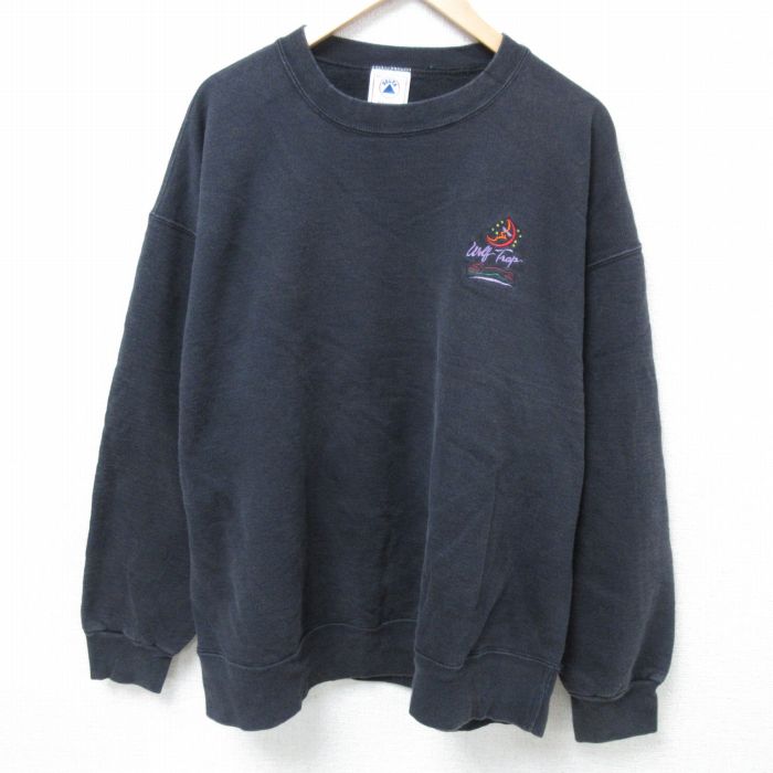 XL★古着 長袖 スウェット メンズ 90年代 90s 月 大きいサイズ クルーネック USA製 黒 ブラック 24nov08 中古 スエット トレーナー トップス