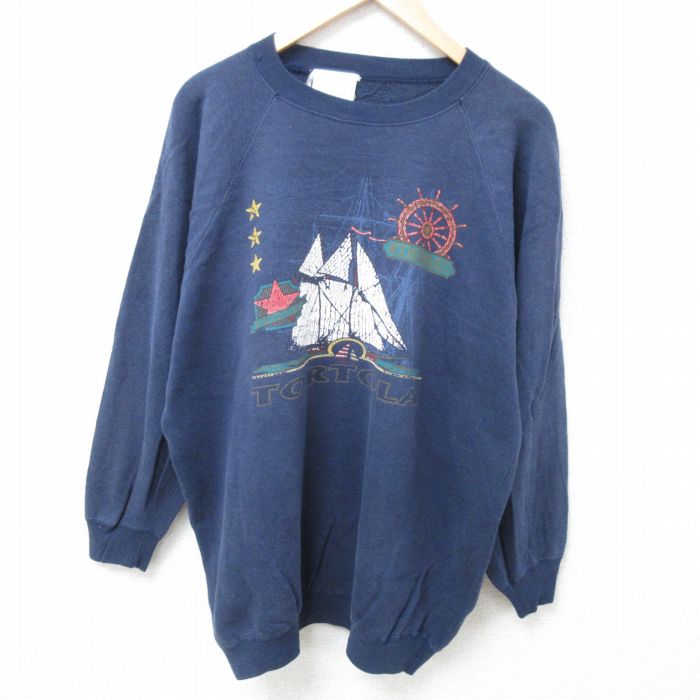 【50%OFF】XL★古着 長袖 スウェット メンズ 90年代 90s 船 ラグラン クルーネック 紺 ネイビー 24nov08 中古 スエット トレーナー トップス