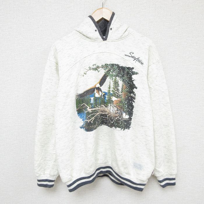 XL★古着 長袖 スウェット パーカー メンズ 90年代 90s 木 鳥 USA製 白 ホワイト 霜降り 24nov07 中古 スエット トレーナー トップス