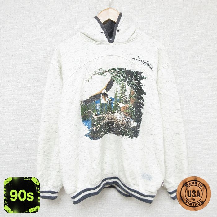 90s 長袖パーカー 木鳥 ホワイト XL | 古着