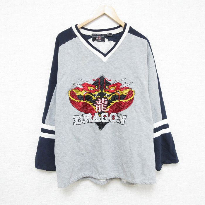 XL★古着 長袖 スウェット メンズ ドラゴン ツートンカラー 刺繍 大きいサイズ Vネック グレー他 霜降り 24nov07 中古 スエット トレーナー トップス