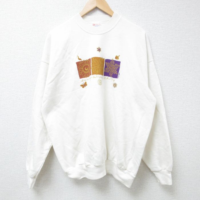 XL★古着 ヘインズ Hanes 長袖 スウェット メンズ ひまわり どんぐり 蝶々 クルーネック 白 ホワイト 24nov07 中古 スエット トレーナー トップス