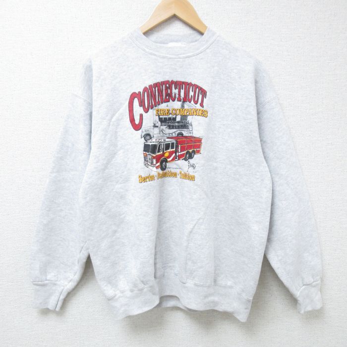 L★古着 ヘインズ Hanes 長袖 スウェット メンズ 消防車 クルーネック 薄グレー 霜降り 24nov07 中古 スエット トレーナー トップス