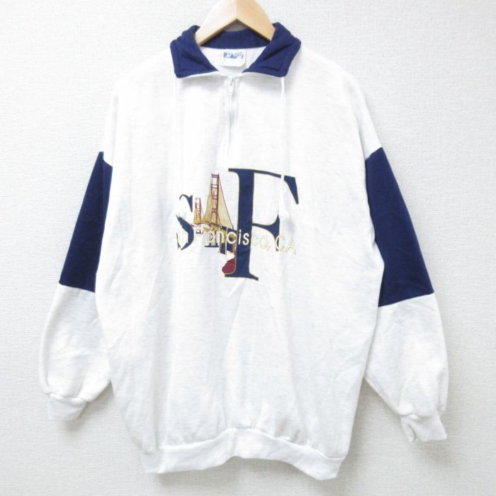 XL★古着 長袖 ハーフジップ スウェット メンズ 90年代 90s サンフランシスコ 橋 ツートンカラー 大きいサイズ USA製 薄グレー他 霜降り 24nov07 中古 スエット トレーナー トップス