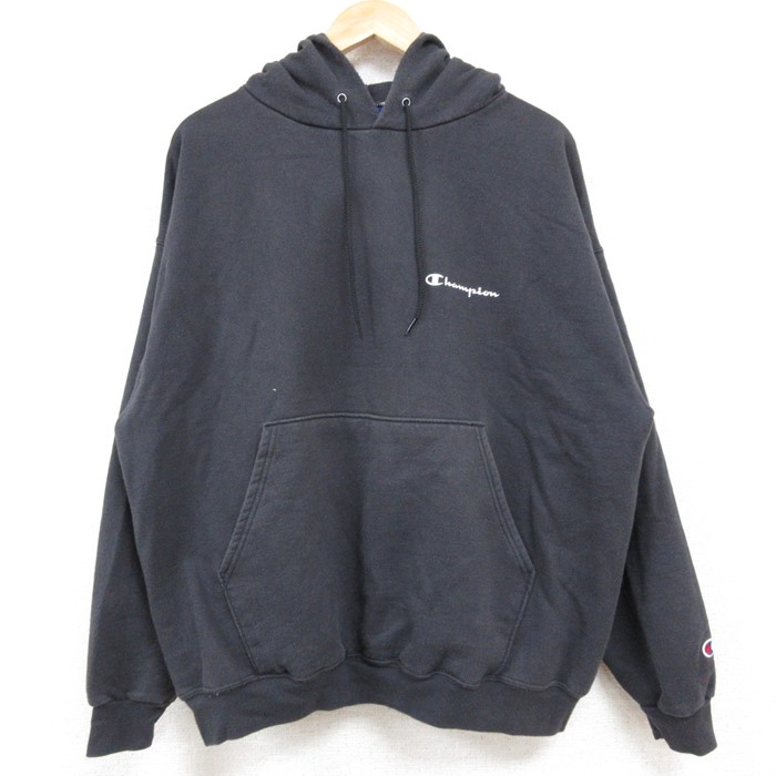 XL★古着 チャンピオン Champion 長袖 スウェット パーカー メンズ 00年代 00s ワンポイントロゴ 黒 ブラック 24nov08 中古 スエット トレーナー トップス