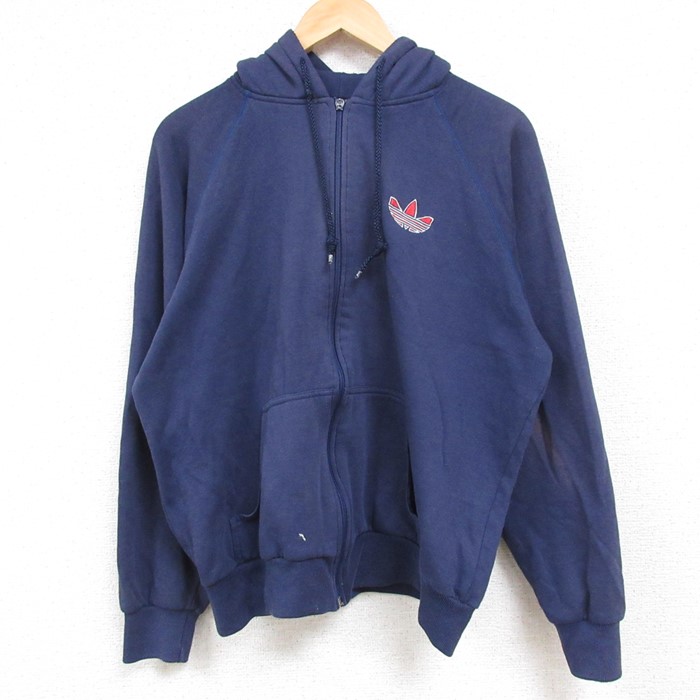 L★古着 アディダス adidas 長袖 フルジップ スウェット パーカー メンズ 90年代 90s ワンポイントロゴ リーフ トレフォイル ラグラン 紺 ネイビー 【spe】 24nov08 中古 スエット トレーナー トップス