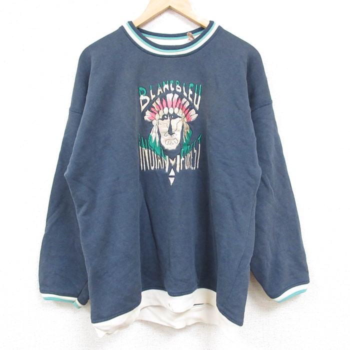 L★古着 長袖 スウェット メンズ 90年代 90s インディアン 刺繍 クルーネック 紺 ネイビー 【spe】 24nov08 中古 スエット トレーナー トップス