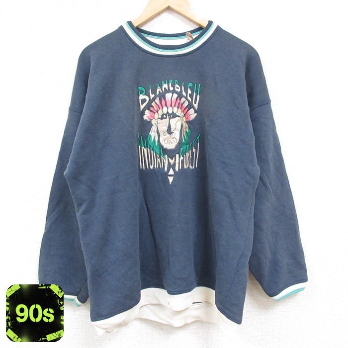 90s 長袖スウェット インディアン刺繍 ネイビー メンズL相当 | 古着