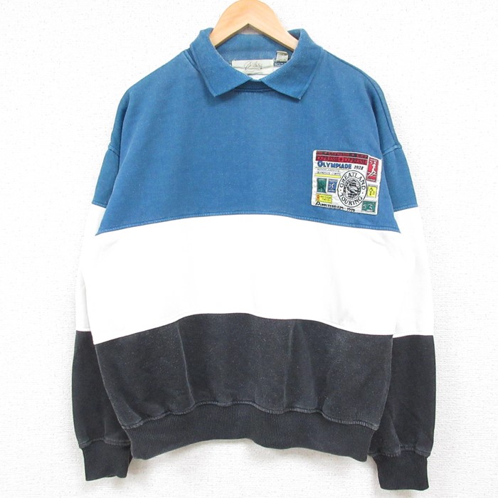 L★古着 長袖 スウェット メンズ 90年代 90s 飛行機 マルチカラー 襟付き 白他 ホワイト 24nov08 中古 スエット トレーナー トップス