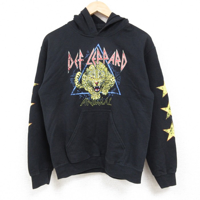 XS★古着 長袖 ロック バンド スウェット パーカー メンズ デフレパード 黒 ブラック 24nov08 中古 スエット トレーナー トップス