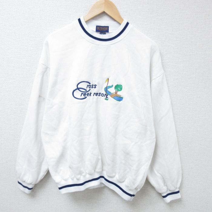 XL★古着 長袖 スウェット メンズ 90年代 90s リゾート 刺繍 クルーネック USA製 白 ホワイト 24nov09 中古 スエット トレーナー トップス