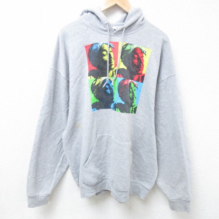 XL★古着 ラッセル 長袖 ヒップホップ ラップ スウェット パーカー メンズ 00年代 00s トゥパック 2パック 2PAC 大きいサイズ グレー 霜降り 24nov09 中古 スエット トレーナー トップス