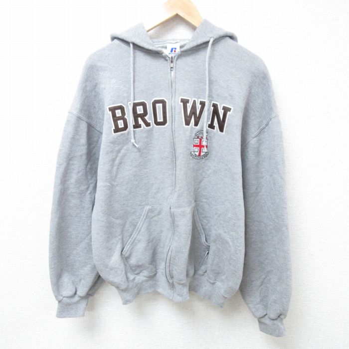 【20%OFF】XL★古着 ラッセル 長袖 フルジップ スウェット パーカー メンズ 00年代 00s BROWN 刺繍 グレー 霜降り 24nov09 中古 スエット トレーナー トップス