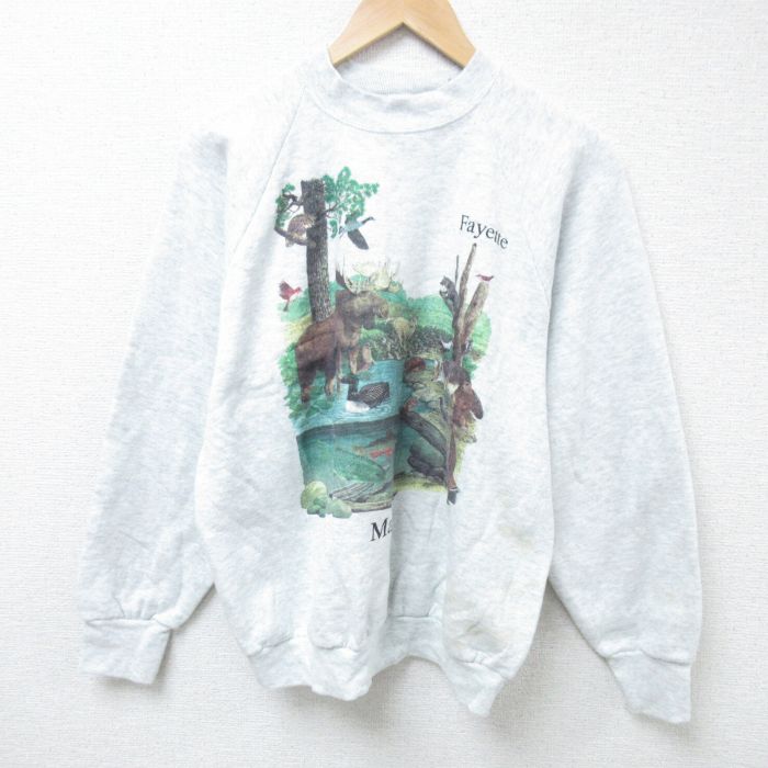 L★古着 フルーツオブザルーム 長袖 スウェット メンズ 90年代 90s シカ 鳥 ラグラン クルーネック USA製 薄グレー 霜降り 24nov09 中古 スエット トレーナー トップス