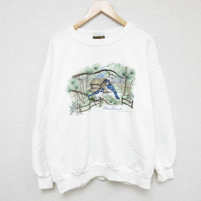 【50%OFF】XL★古着 長袖 スウェット メンズ 00年代 00s 鳥 刺繍 大きいサイズ クルーネック カナダ製 白 ホワイト 24nov09 中古 スエット トレーナー トップス