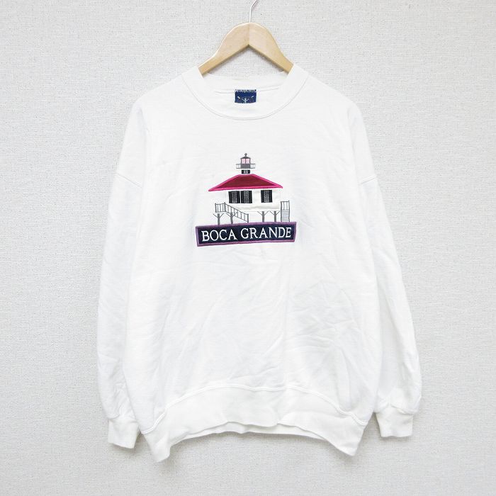 90s 長袖スウェット 家刺繍 ホワイト XL | 古着