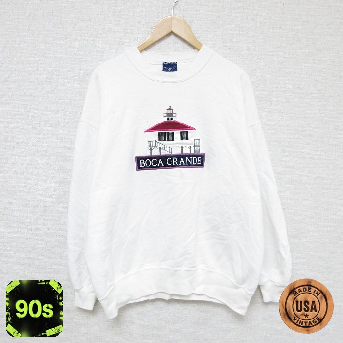 90s 長袖スウェット 家刺繍 ホワイト XL | 古着
