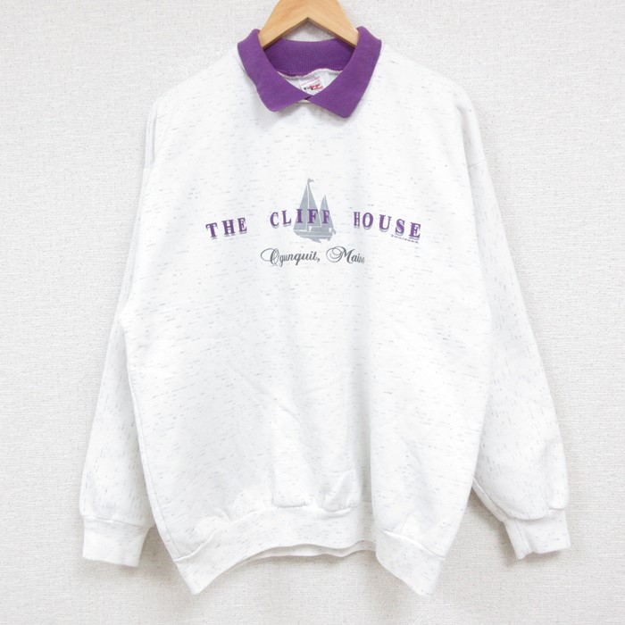 XL★古着 長袖 スウェット メンズ 90年代 90s THE CLIFF HOUSE ヨット 襟付き USA製 白 ホワイト 霜降り 24nov09 中古 スエット トレーナー トップス
