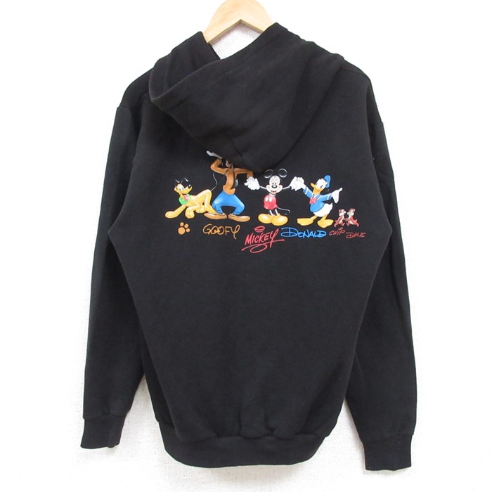 M★古着 長袖 フルジップ スウェット パーカー メンズ 00年代 00s ディズニー DISNEY ミッキー MICKEY MOUSE ドナルドダック 黒 ブラック 24nov09 中古 スエット トレーナー トップス