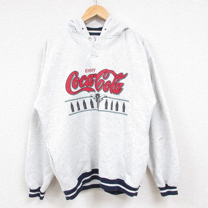L★古着 長袖 スウェット パーカー メンズ 00年代 00s コカコーラ 薄グレー 霜降り フード内側サーマル 24nov09 中古 スエット トレーナー トップス