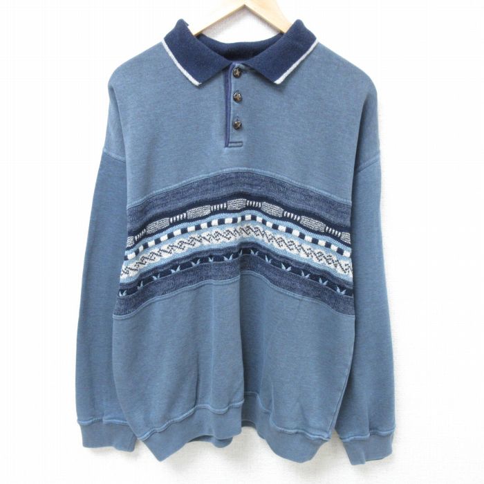 XL★古着 長袖 スウェット メンズ 90年代 90s 襟付き 薄紺 ネイビー 霜降り 24nov19 中古 スエット トレーナー トップス