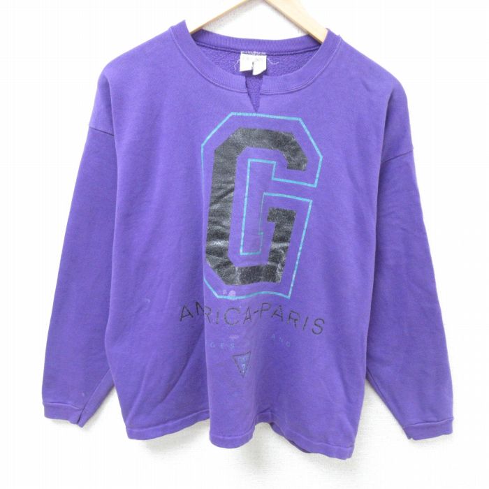 【20%OFF】L★古着 ゲス GUESS 長袖 スウェット メンズ 90年代 90s アメリカ パリ クルーネック USA製 紫 パープル 24nov19 中古 スエット トレーナー トップス