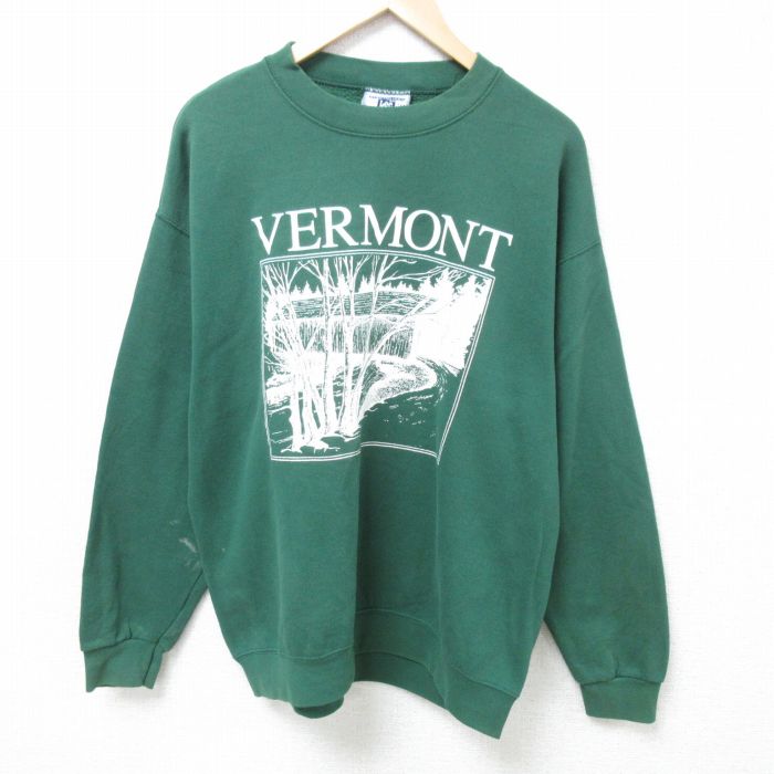 XL★古着 リー Lee 長袖 スウェット メンズ 90年代 90s バーモント 木 クルーネック USA製 緑 グリーン 24nov19 中古 スエット トレーナー トップス
