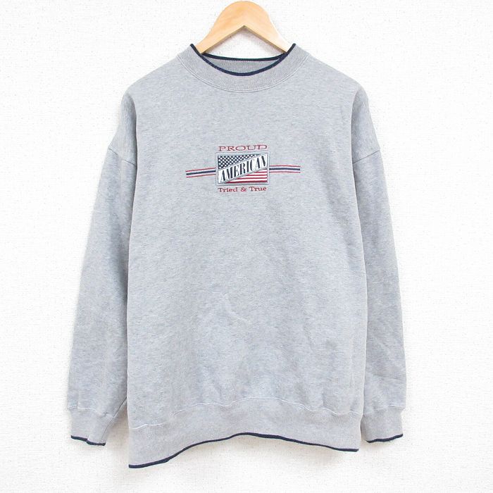 XL★古着 長袖 スウェット メンズ 00年代 00s 星条旗 刺繍 大きいサイズ クルーネック グレー 霜降り 24nov11 中古 スエット トレーナー トップス