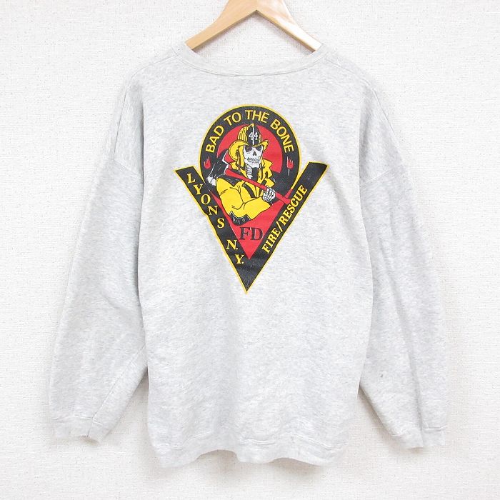 XL★古着 ヘインズ Hanes 長袖 スウェット メンズ 00年代 00s 消防士 大きいサイズ クルーネック 薄グレー 霜降り 24nov11 中古 スエット トレーナー トップス