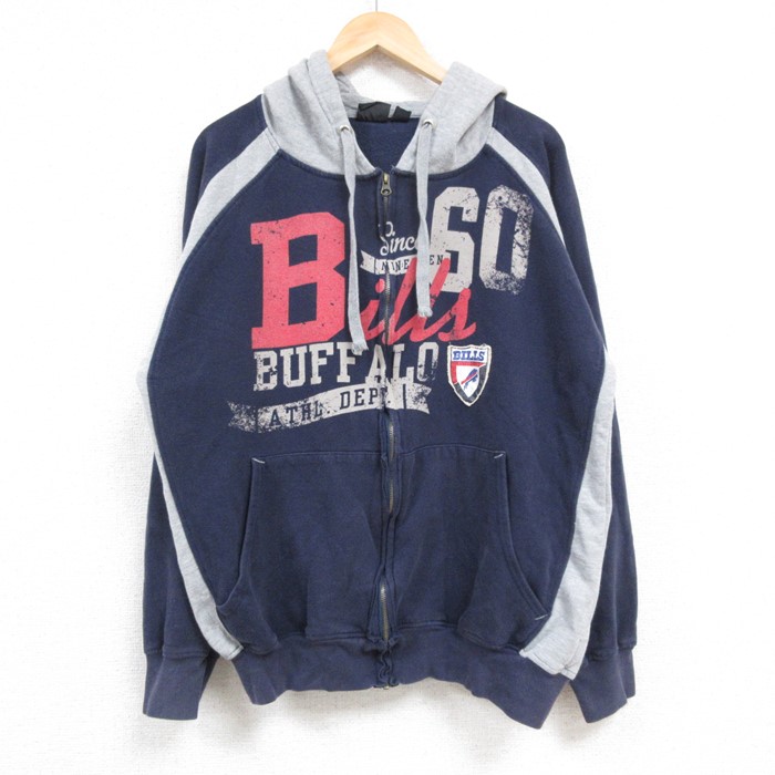 XL★古着 長袖 フルジップ スウェット パーカー メンズ 00年代 00s NFL バッファロービルズ ツートンカラー ラグラン 紺他 ネイビー アメフト スーパーボウル 24nov11 中古 スエット トレーナー トップス