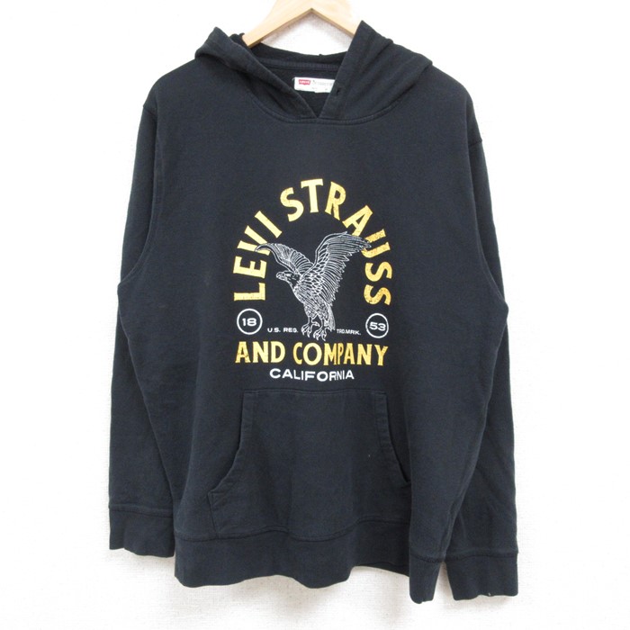 XL★古着 リーバイス Levis 長袖 スウェット パーカー メンズ ビッグロゴ 鳥 黒 ブラック 24nov11 中古 スエット トレーナー トップス