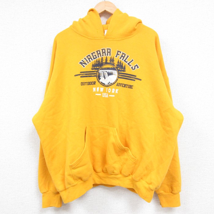 XL★古着 長袖 スウェット パーカー メンズ 90年代 90s ナイアガラの滝 USAロゴ 大きいサイズ USA製 黄 イエロー 24nov11 中古 スエット トレーナー トップス