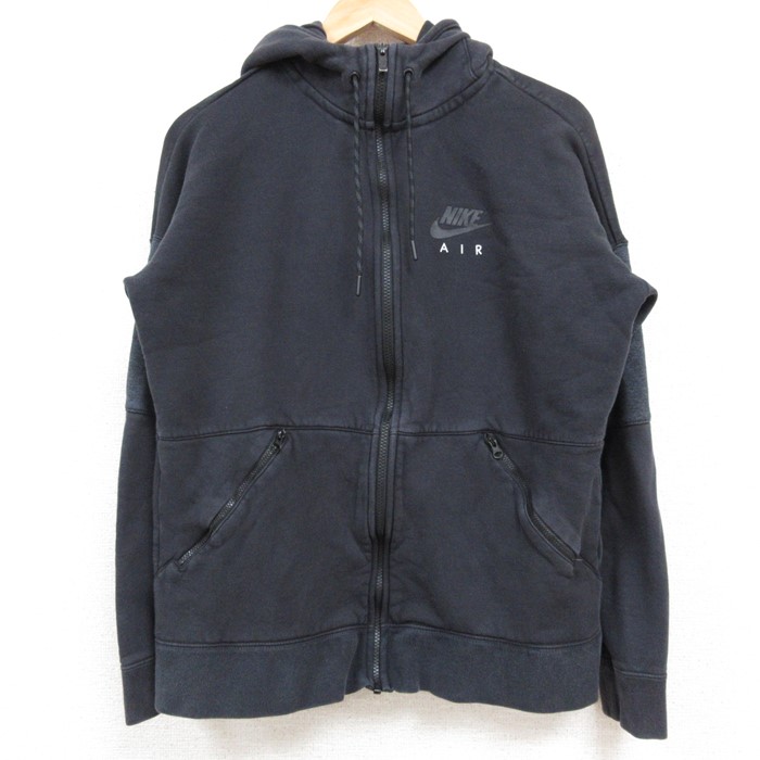 M★古着 ナイキ NIKE 長袖 フルジップ スウェット パーカー メンズ ワンポイントロゴ AIR 黒 ブラック 24nov11 中古 スエット トレーナー トップス