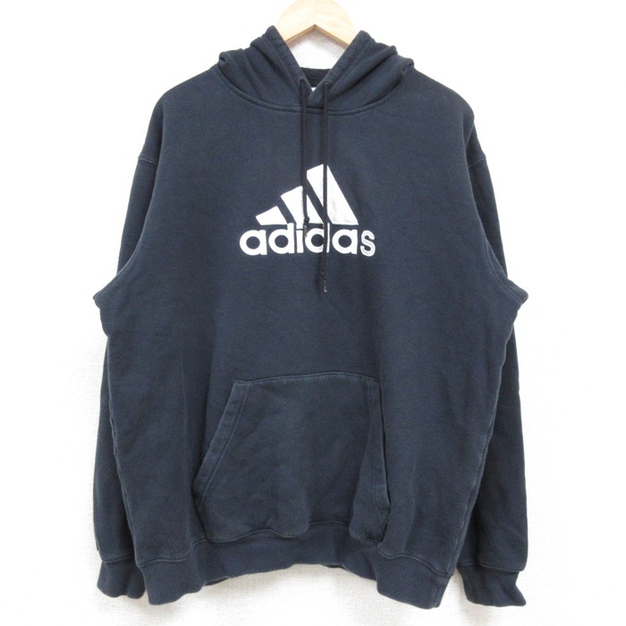 L★古着 アディダス adidas 長袖 スウェット パーカー メンズ ビッグロゴ 黒 ブラック 24nov11 中古 スエット トレーナー トップス