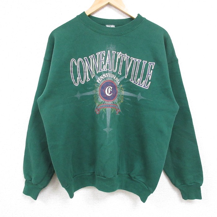L★古着 ヘインズ Hanes 長袖 スウェット メンズ 90年代 90s CONNEAUTVILLE クルーネック 緑 グリーン 24nov11 中古 スエット トレーナー トップス