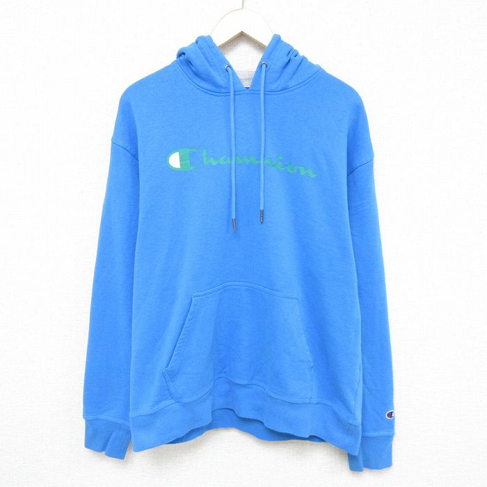 L★古着 チャンピオン Champion 長袖 スウェット パーカー メンズ 00年代 00s ビッグロゴ 水色 24nov12 中古 スエット トレーナー トップス