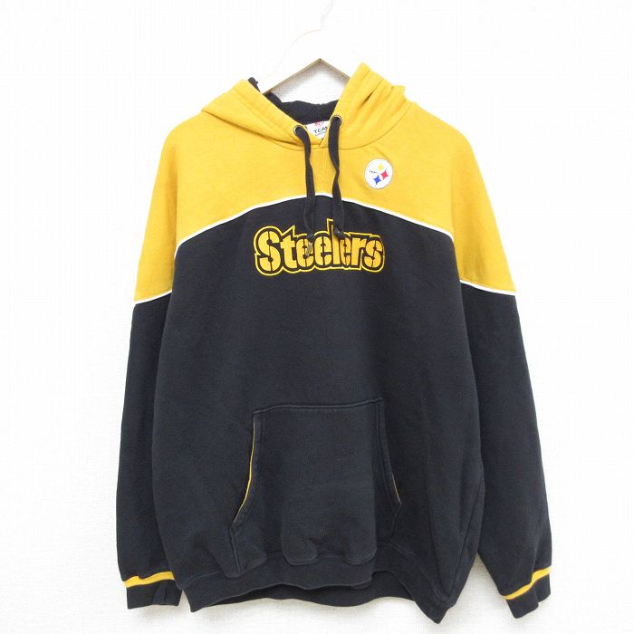 XL★古着 長袖 スウェット パーカー メンズ 00年代 00s NFL ピッツバーグスティーラーズ ツートンカラー 刺繍 ラグラン 黒 ブラック アメフト スーパーボウル 24nov12 中古 スエット トレーナー トップス