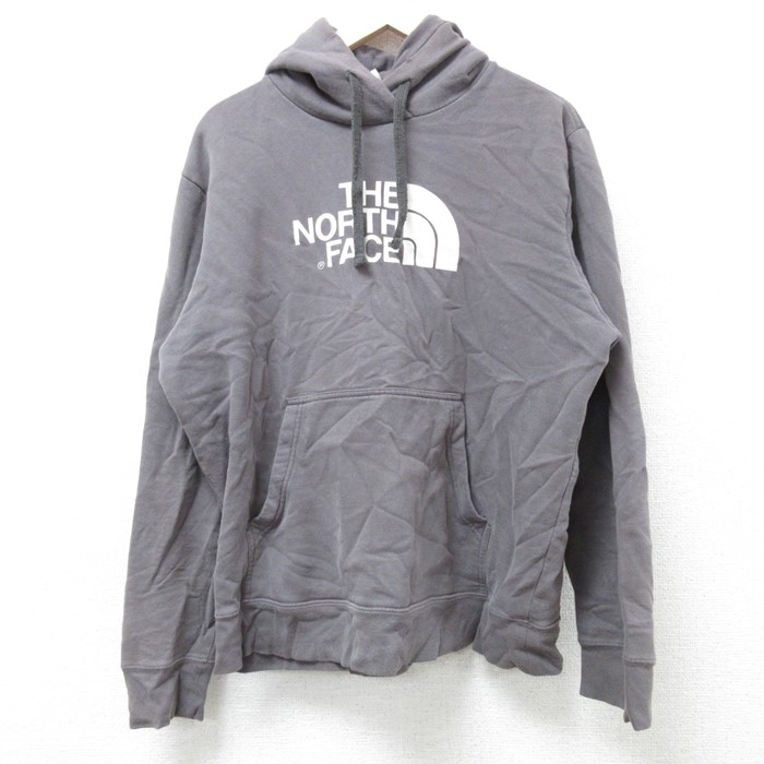 L★古着 ノースフェイス THE NORTH FACE 長袖 スウェット パーカー メンズ ビッグロゴ 濃グレー 24nov12 中古 スエット トレーナー トップス