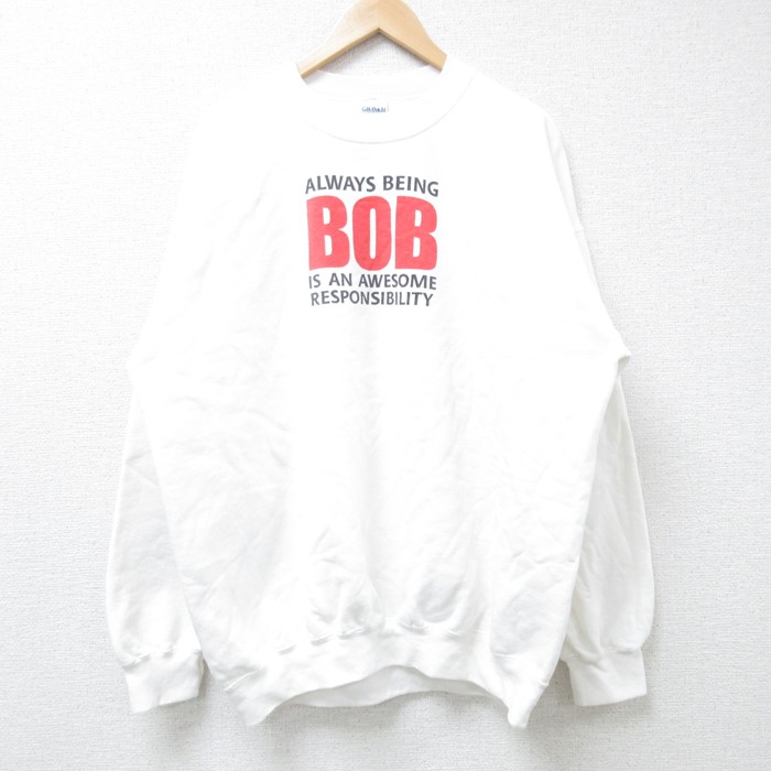 XL★古着 長袖 スウェット メンズ 00年代 00s BOB クルーネック 白 ホワイト 24nov12 中古 スエット トレーナー トップス
