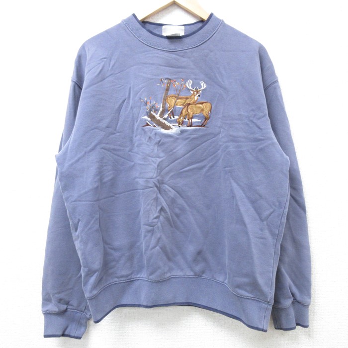 【50%OFF】M★古着 長袖 スウェット メンズ 00年代 00s シカ 刺繍 クルーネック 薄紺 ネイビー 24nov12 中古 スエット トレーナー トップス