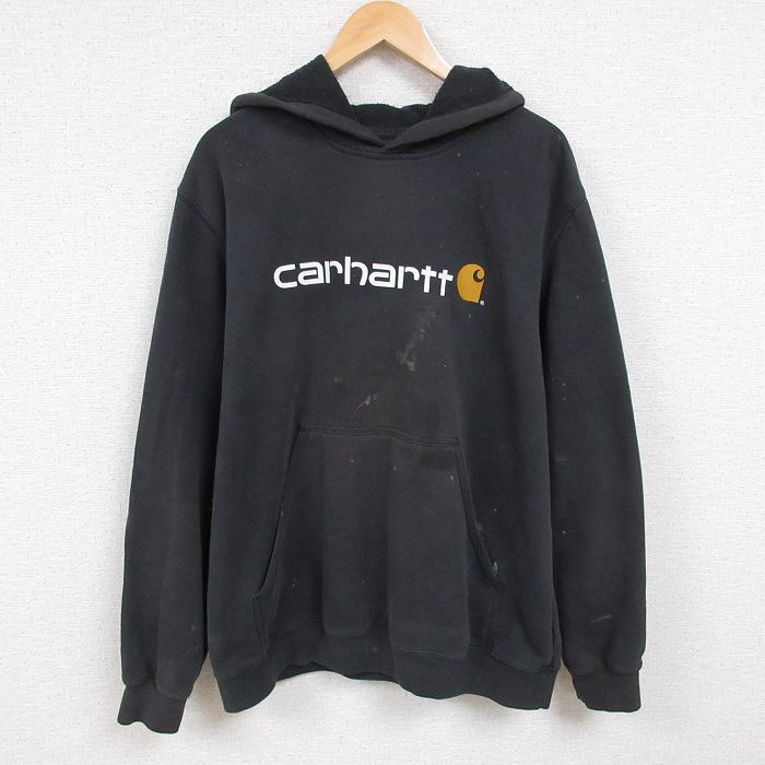 XL★古着 カーハート Carhartt 長袖 スウェット パーカー メンズ 00年代 00s ビッグロゴ 大きいサイズ 黒 ブラック 24nov12 中古 スエット トレーナー トップス